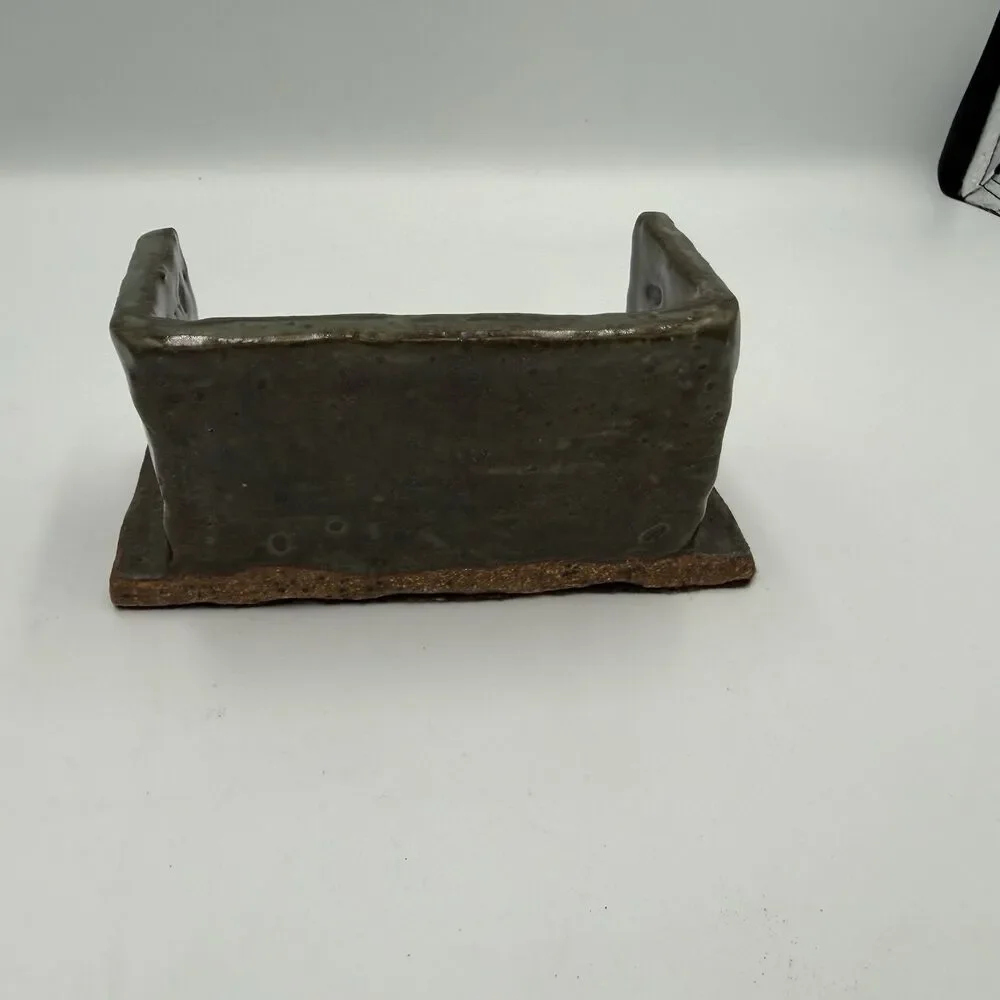 Handmade Studio Pottery Ceramic Business Card Holder Desk Organizer Green Glaze